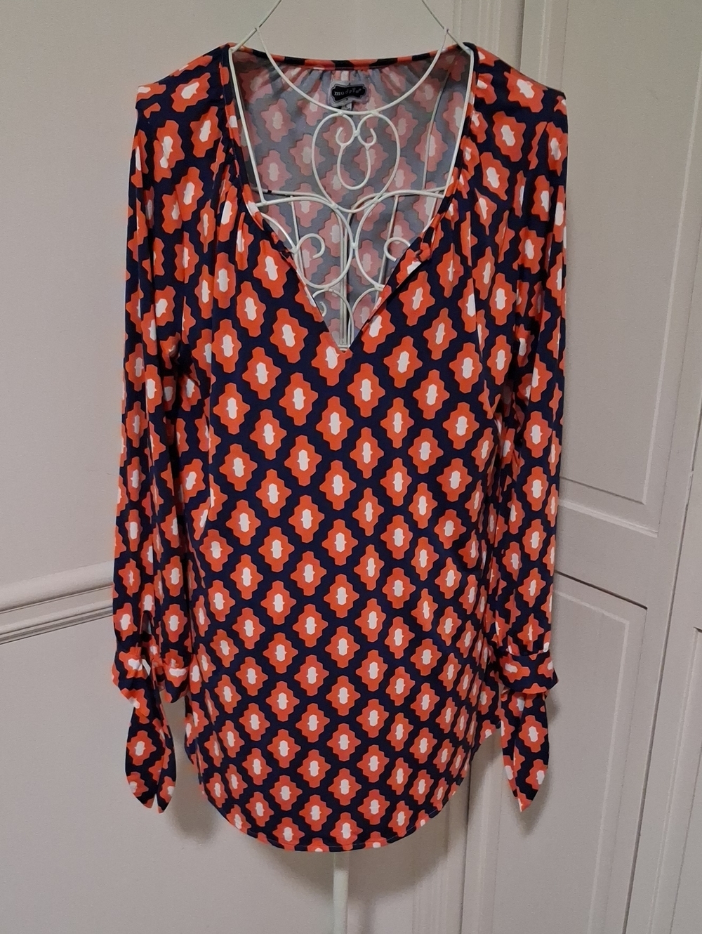 Mud Pie Orange & Navy Geometric V-Neck Blouse